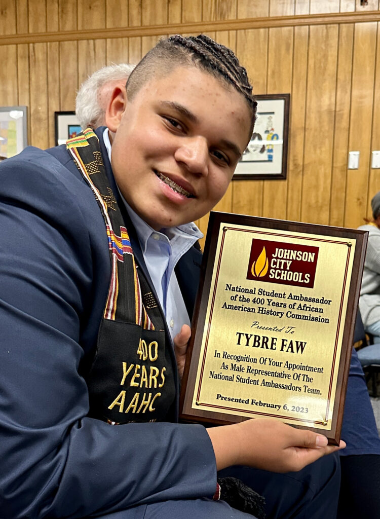 Tybre is recognized by the Johnson City TN School Board for his appointment as the first male National Student Ambassador by the U.S. 400 Years of African American History Commission.