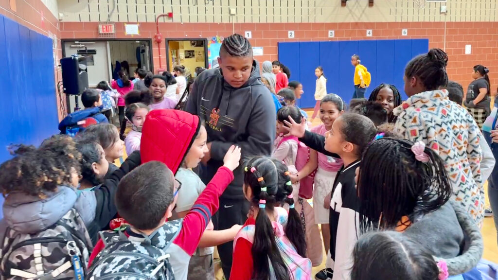 Tybre speaks and hangs out with kids at Flower Hill Elementary in Maryland.
